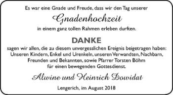Glückwunschanzeige von  Alwine und Heinrich Dowidat