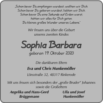 Glückwunschanzeige von Sophia Barbara Hunkemöller