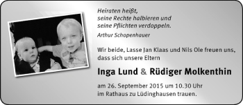Glückwunschanzeige von Inga und Rüdiger Molkenthin