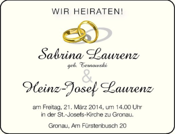 Glückwunschanzeige von Sabrina und Heinz Josef Laurenz