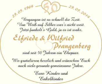 Glückwunschanzeige von Elfriede und Wilfried Prangenberg