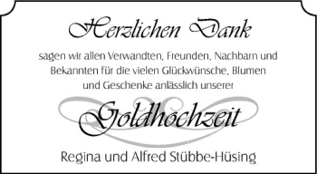 Glückwunschanzeige von Regina und Alfred Stübbe-Hüsing