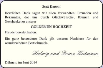 Glückwunschanzeige von Hedwig und Franz Heitmann