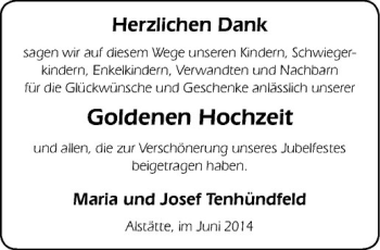 Glückwunschanzeige von Maria und Josef Tenhündfeld