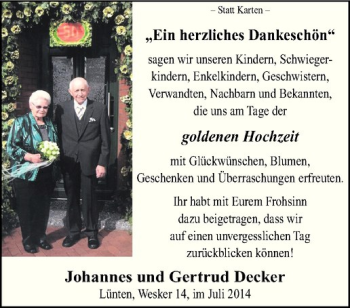 Glückwunschanzeige von Johannes & Gertrud Decker