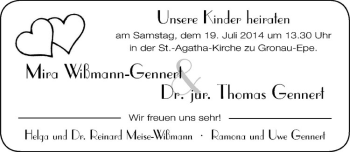 Glückwunschanzeige von Mira & Thomas Wißmann & Gennert