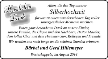 Glückwunschanzeige von Bärbel und Gerd Hillemeyer