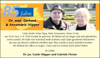Glückwunschanzeige von Gerhard und Annemarie Hüpper