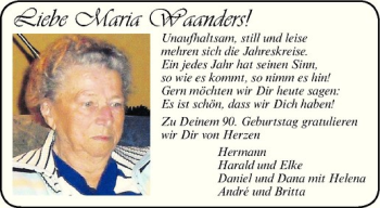 Glückwunschanzeige von Maria Waanders
