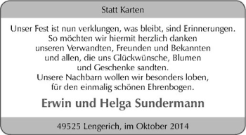Glückwunschanzeige von Erwin & Helga Sundermann